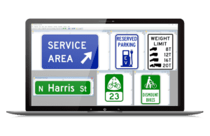 OpenRoads SignCAD kann vorhandene Schilder, hier „Service Area“, „Reserved Parking for EV“, „Weight Limit“, „N Harris St“, „US Bike Route 23“ und „Discount Bikes“, problemlos auf einem Laptop überarbeiten