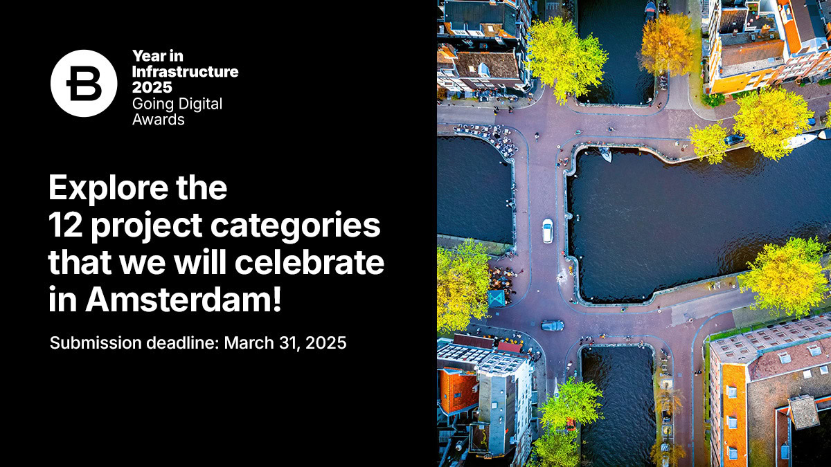 Text on left: "Year in Infrastructure 2025 Going Digital Awards." Invitation to explore 12 project categories celebrating in Amsterdam; submission deadline March 31, 2025. Right: Aerial view of Amsterdam.