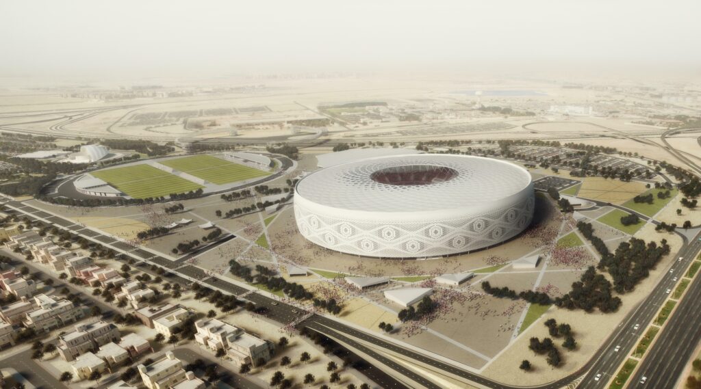 Eine Luftaufnahme eines Stadions in Katar.