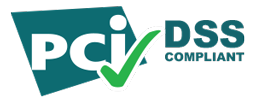 Logo displaying "PCI DSS Compliant" with a green checkmark.