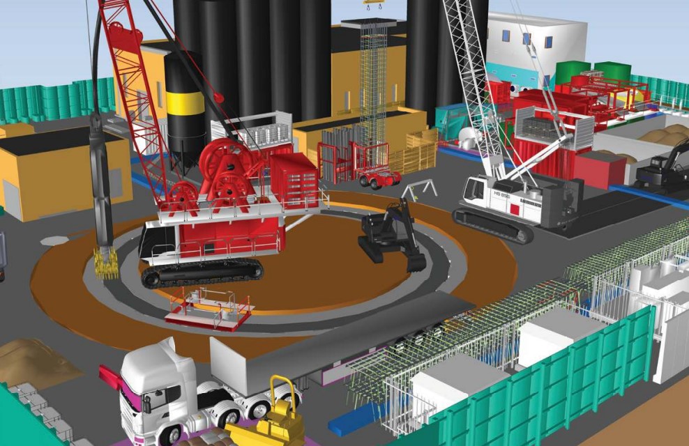 A 3D-rendered image of a construction site features cranes, a truck, scaffolding, and various equipment and structures in progress within a fenced-off area. The project is part of the UK's Largest Water Infrastructure Project by Costain.