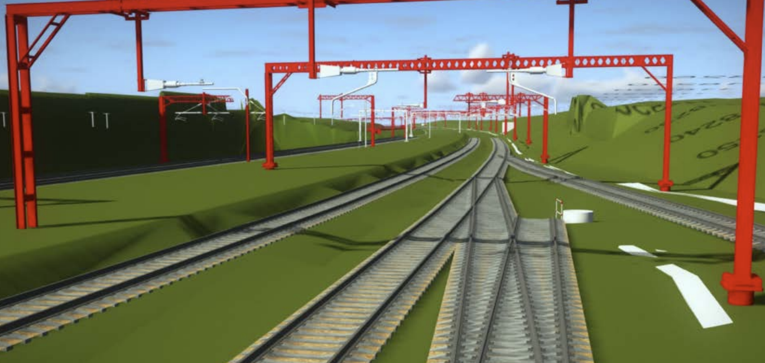 A computer-generated image of a railway track network with several tracks running parallel, overhead power lines, and green terrain in the background, showcasing both passenger and freight routes designed to minimize railway bottlenecks.