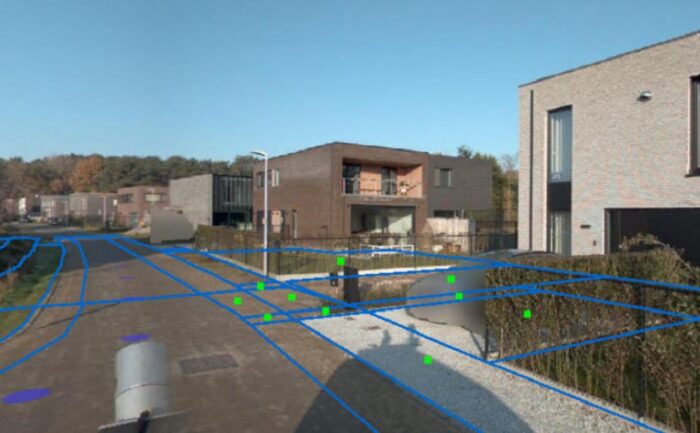 Suburban street view with modern houses in the Netherlands. Digital lines and points overlay the road and properties, hinting at AI-Infra Solutions' role in mapping or urban planning analysis, effortlessly blending technology with landscape.