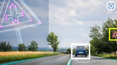 A road in the Netherlands with a digital overlay displays a traffic sign and a distant blue car. AI-Infra Solutions enhances the scene, while cloudy skies loom above, trees line the street, and serene fields stretch alongside.
