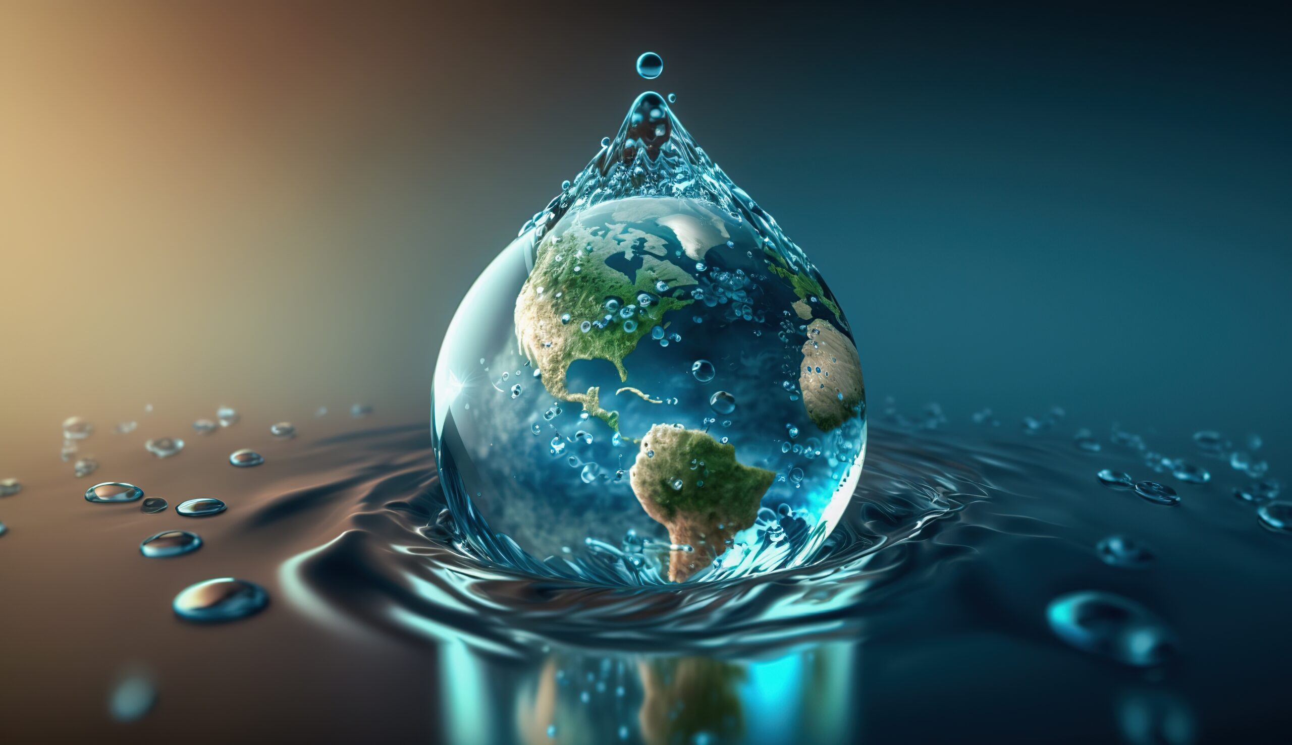 A water droplet from Affinity Water contains a miniature globe of Earth, with continents clearly visible, surrounded by ripples on the surface.