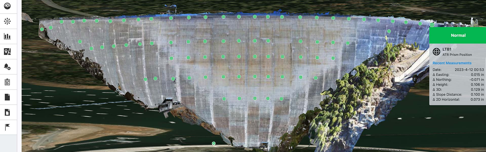 A high-resolution digital elevation model of a large dam. The model is overlaid with measurement data points and a sidebar displays recent measurement details including dates and specific values.