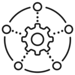 A central gear icon surrounded by four smaller circular icons connected via dotted lines, reminiscent of interconnected systems, perfectly illustrates the streamlined connectivity MicroStation provides in powering transportation infrastructure projects.