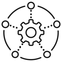 Ein zentrales Zahnradsymbol, das von vier kleineren, kreisförmigen Symbolen umgeben ist, die durch gepunktete Linien miteinander verbunden sind und an miteinander verbundene Systeme erinnern, veranschaulicht perfekt die optimierte Konnektivität, die MicroStation bei der Durchführung von Verkehrsinfrastrukturprojekten bietet.