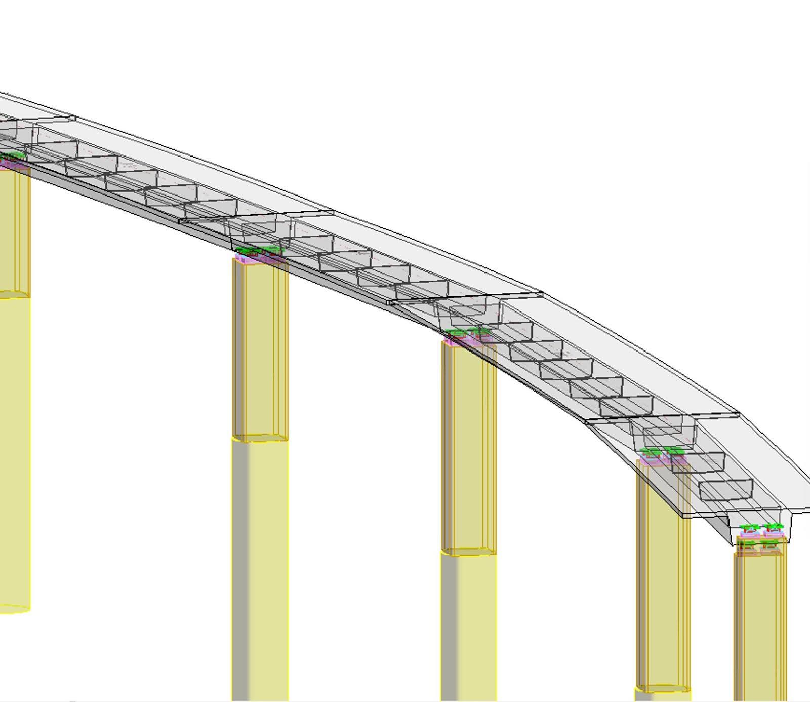 Digital rendering of a bridge structure with four yellow columns supporting a curved, grid-like deck. This award-winning design exemplifies modern architecture at its finest.