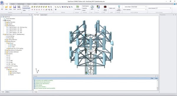 The OpenTower software window displays a 3D model of a cellular tower with various antennas, complete with Mount Analysis features. The interface includes menus, a navigation panel on the left, and a command console at the bottom.