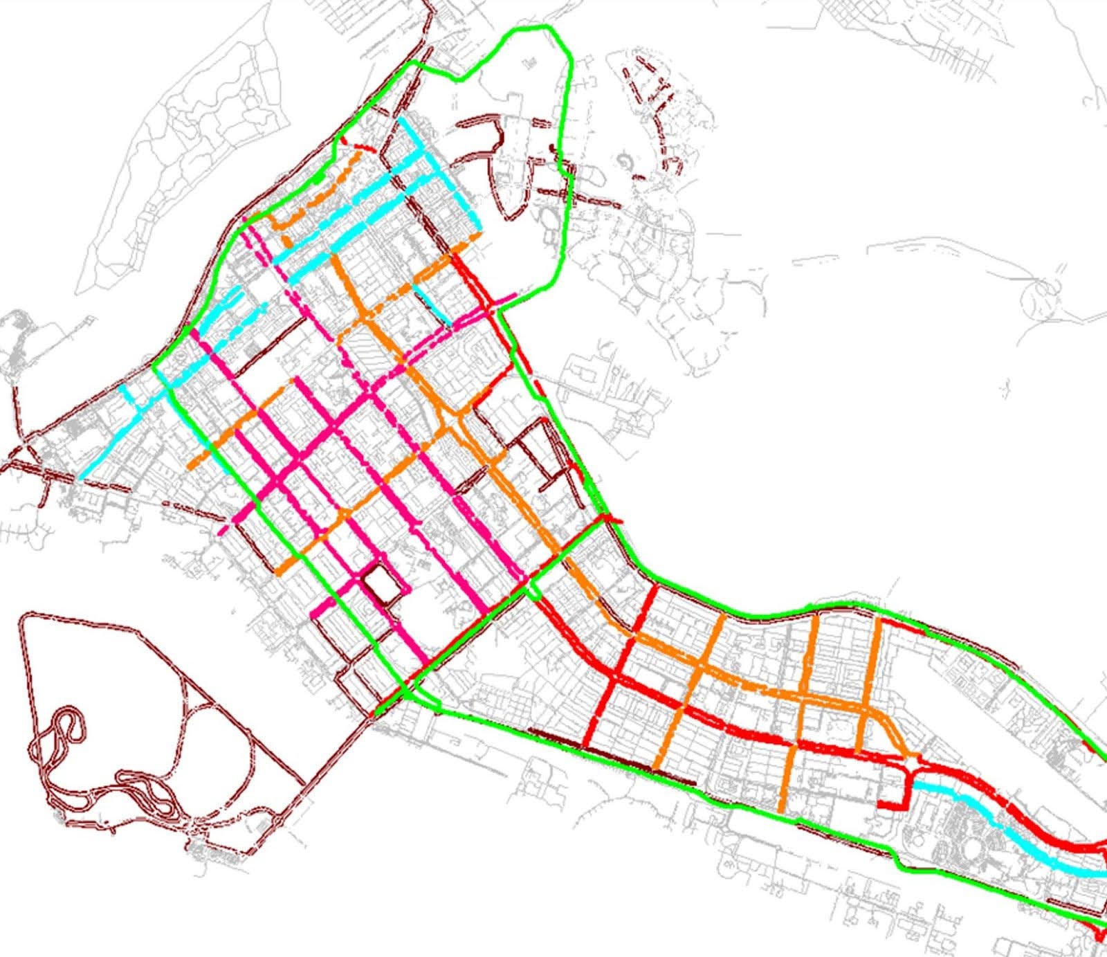 Map depicting city streets highlighted in various colors, including red, green, orange, and blue—much like a vibrant tapestry used to showcase award winners' journeys through different routes or zones.