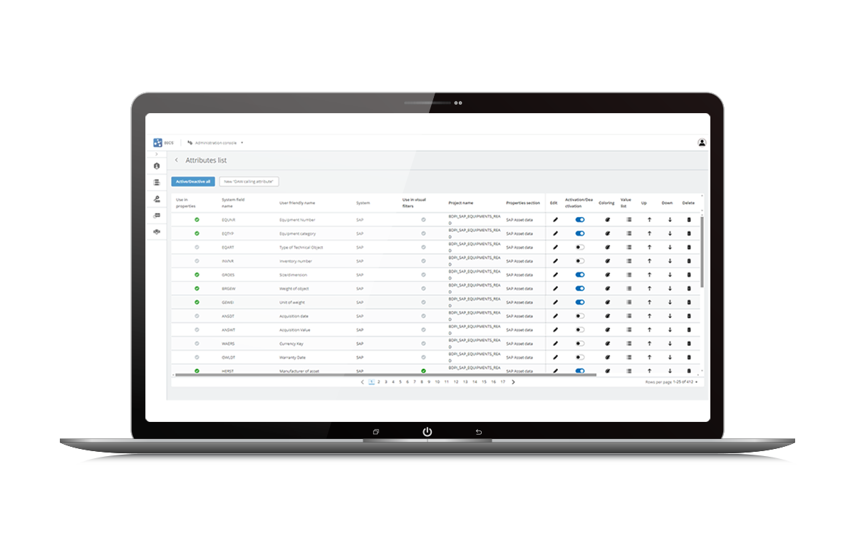 Ein Laptop-Bildschirm, auf dem eine Softwareschnittstelle mit einer Tabelle angezeigt wird, in der Attribute aufgelistet sind und verschiedene Spalten wie ID, Name, System, Registrierung und andere Parameter angezeigt werden.