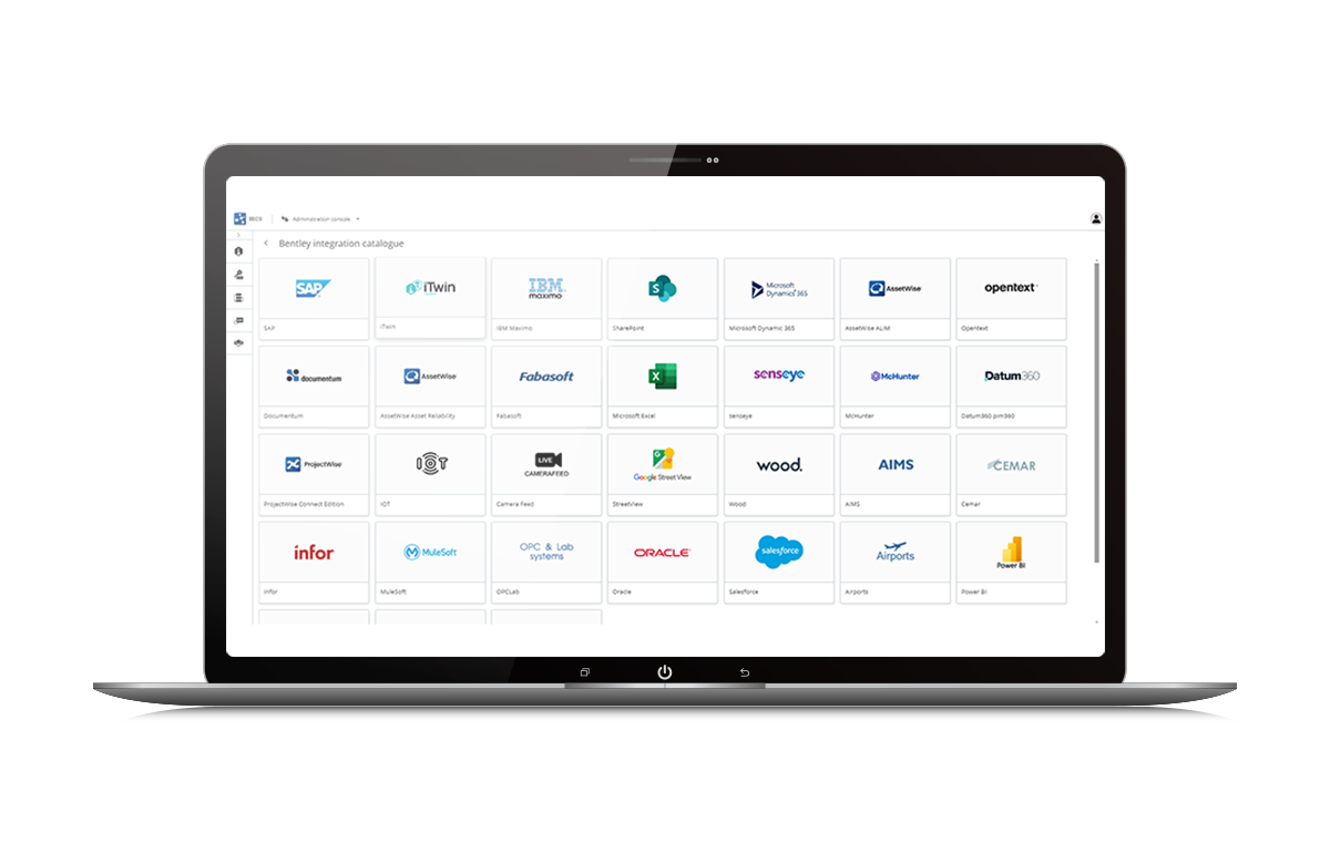 A laptop screen displaying an integration catalog with various company logos and software icons organized in a grid layout.