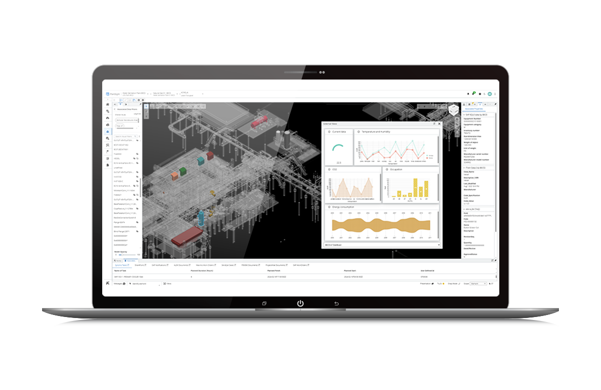 Un portatile mostra un software architettonico con un modello 3D di un edificio e grafici di dati analitici sullo schermo.