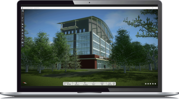 A laptop displaying Bentley LumenRT with a multi-story building model amid trees on the screen.