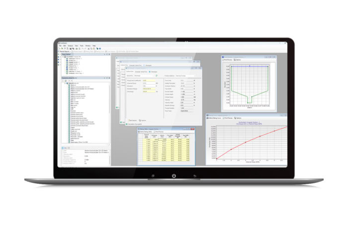 Laptop wyświetlający różne okna oprogramowania analitycznego i do tworzenia wykresów, pokazujący tabele danych, wykresy liniowe i menu interfejsu.