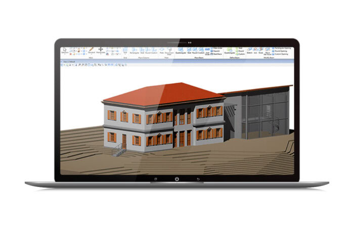 Laptop wyświetlający model architektoniczny 3D dwupiętrowego budynku z pomarańczowym dachem w oprogramowaniu CAD.