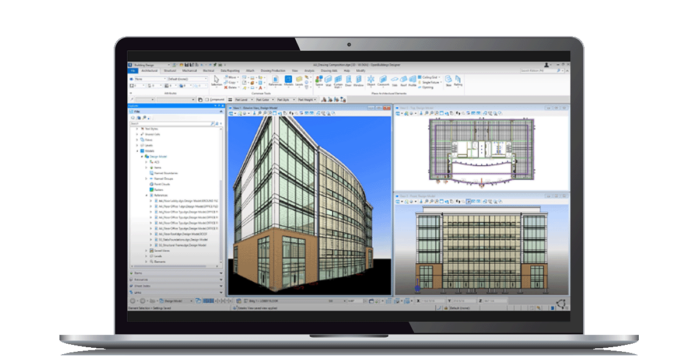 A laptop displaying WorkSuite's architectural design software, showing a 3D model of a building along with several design views, seamlessly integrated with project management tools.