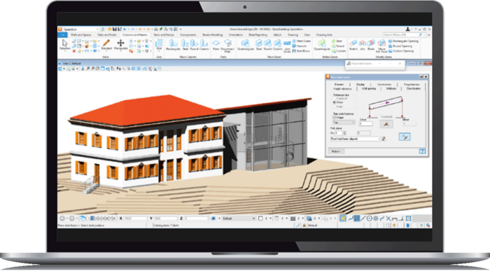 Ein Laptop, auf dem OpenBuildings Speedikon, eine führende Software für den Entwurf von Architektur, mit einem 3D-Modell einer Gebäudestruktur angezeigt wird, das ein Haus mit einem roten Dach und einer Außentreppe umfasst.