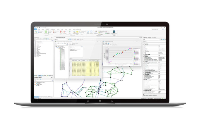 A laptop screen displaying network analysis software with charts, graphs, and data tables.