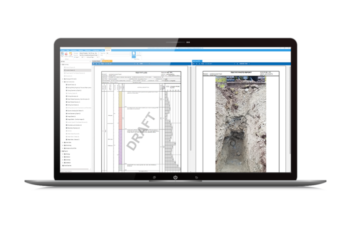 A laptop screen displays a document with the word "DRAFT" and a photo of an excavated area in a software interface.