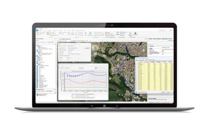Laptop displaying geographic information system software with various data visualizations, maps, and charts.