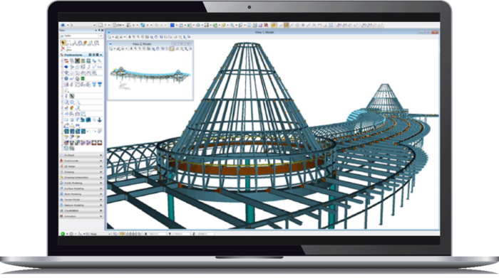 Ekran laptopa wyświetlający model 3D złożonej konstrukcji stalowej, w tym ramy stożkowe i okrągłe, w programie ProStructures.