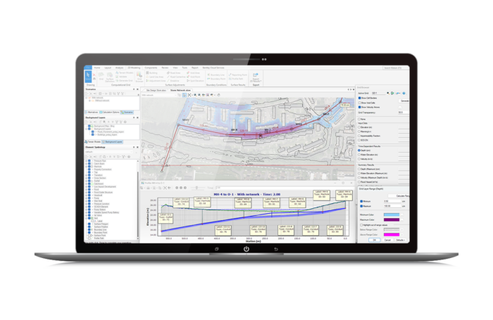 Ekran laptopa wyświetlający oprogramowanie GIS z widoczną mapą, tabelami danych i różnymi narzędziami analitycznymi.