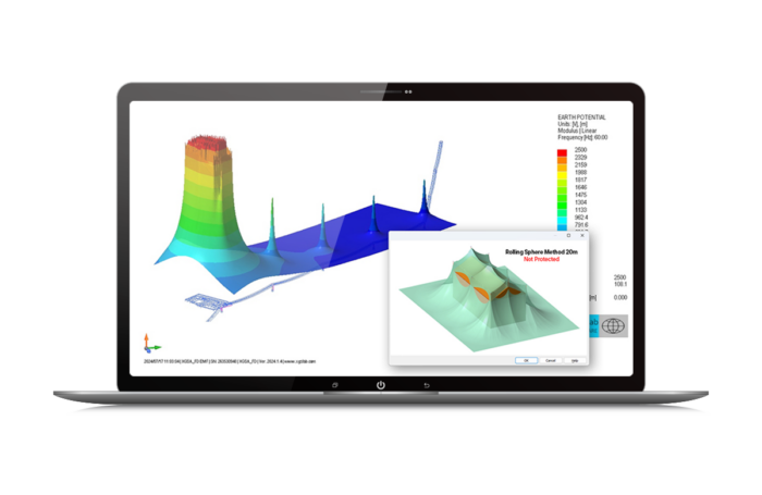 A laptop displaying a 3D data visualization chart with a color scale ranging from blue to red, representing different values. A smaller inset chart shows a detailed zoomed-in area.