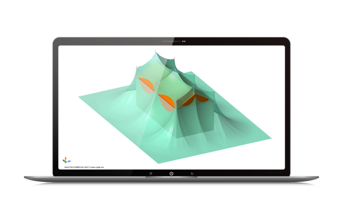 Uma tela de laptop exibindo um modelo 3D de uma estrutura complexa com vários picos e vales nas cores azul e laranja.