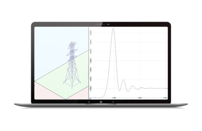 Laptop exibindo um modelo 3D de uma torre de transmissão à esquerda e um gráfico com um pico grande e flutuações menores à direita.