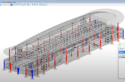 A computer screen displays a 3D structural model of a building in MicroStation, showcasing various elements in different colors. Red and blue columns stand out against the grid-like framework, providing insights into architectural prospects for 2024.