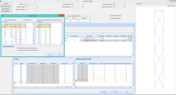 Uma tela de computador exibe uma interface de software complexa para o OpenTower Designer, com várias tabelas, menus suspensos e um diagrama visual no lado direito.