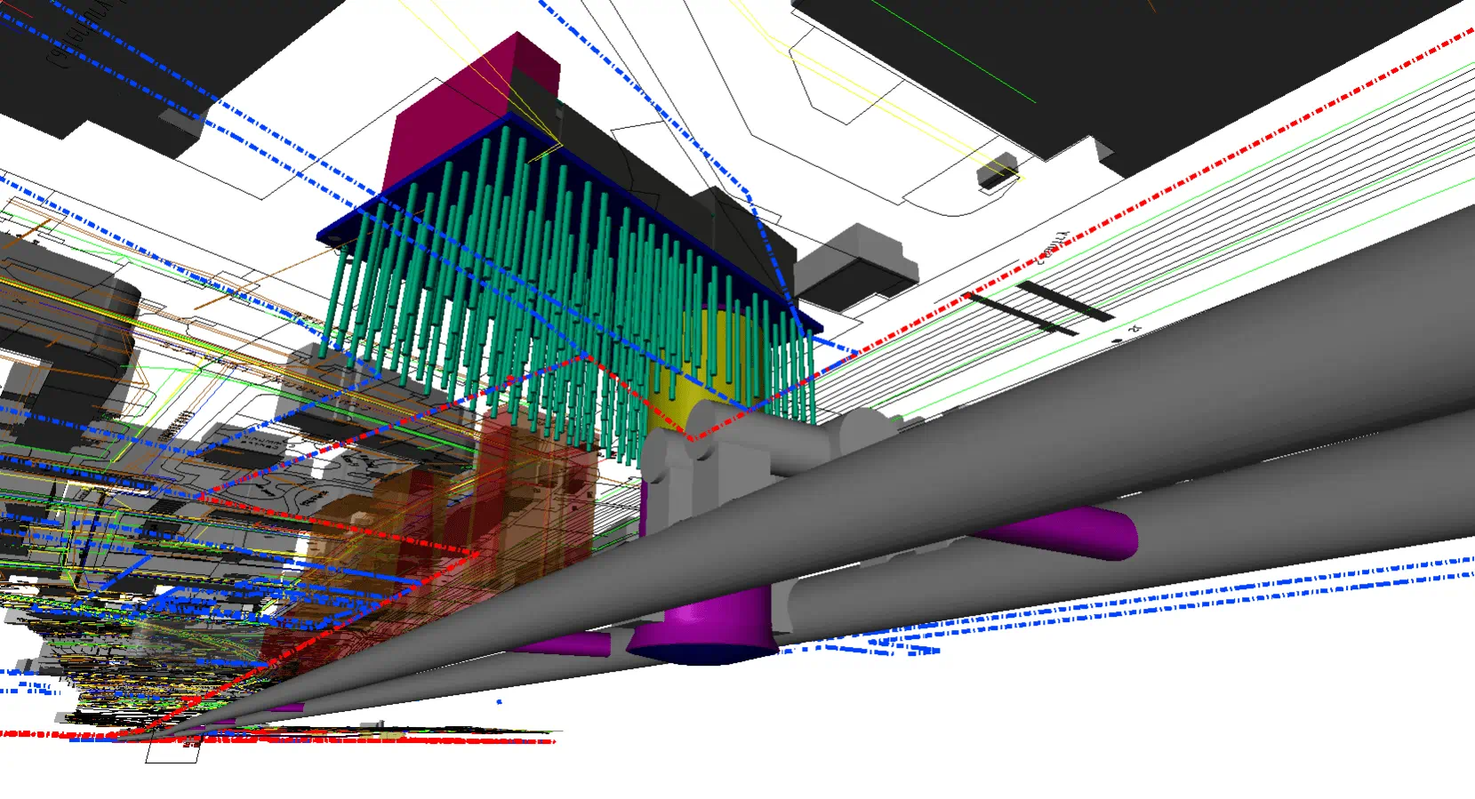 A 3D model showcasing complex architectural and engineering schematics, integrating BIM processes with various colored lines, shapes, and structures representing different components and systems for Europe's largest railway project by Skanska Costain STRABAG JV.