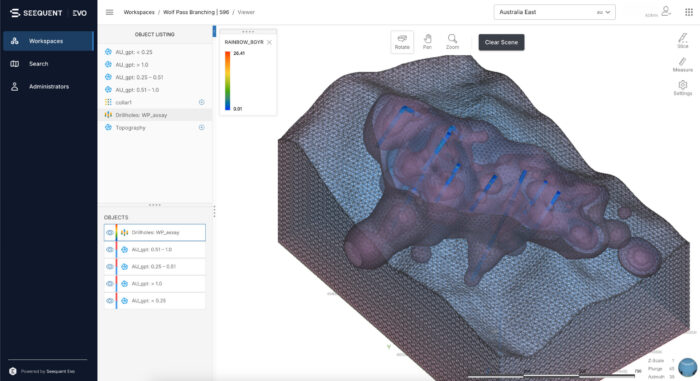 Bohrlöcher mit entsprechenden Goldproben und Interpretationsgehalten der Schalen, die im Seequent Evo 3D-Viewer gezeigt werden.