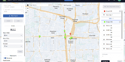 The Map interface integrates OpenPaths, displaying location points and data segments with various grouped markers on a city grid layout. Patterns are easily discernible, while options for filters and configurations are conveniently placed on the left and right panels.