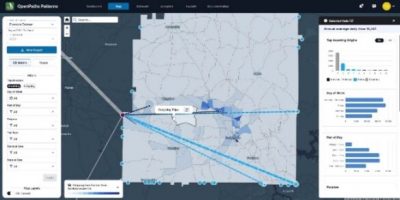 OpenPaths presenta un mapa digital que muestra patrones de vuelo con rutas y puntos de destino destacados. Los paneles laterales muestran opciones de filtro y gráficas de datos, lo que ofrece una visión detallada de las tendencias de viaje globales.