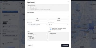 Captura de pantalla de una ventana de Nueva exportación del software OpenPaths Patterns, que muestra opciones de exportación para datos de vehículos y niveles de zonificación, junto con varios filtros. La interfaz presenta un mapa dinámico en segundo plano, que integra patrones a la perfección para una mejor visualización y análisis.