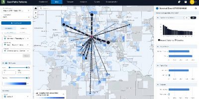 OpenPaths map visualization with data points elegantly connected by lines, surrounded by various charts and patterns, offers insightful data filters on a streamlined dashboard interface.