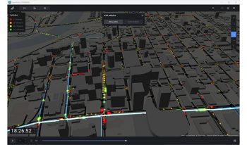Uma visualização de mapa 3D de uma cidade do OpenPaths mostrando a densidade do tráfego, com várias linhas coloridas representando o fluxo de tráfego e um pop-up mostrando "419 veículos." A horário exibido no canto inferior esquerdo é 18:26:52.