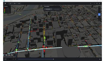 マルチカラーの線で交通の流れを表し、ポップアップに「419台」と表示されている、交通密度を示すOpenPathsの都市の3Dマップビュー。左下に表示されている時刻は「18:26:52」となっている。