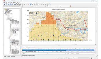 Uma tela de computador exibindo uma interface de software baseada em mapa com uma rota destacada e pontos de dados, possivelmente o OpenPaths. A interface inclui ferramentas, opções e tabelas de dados, provavelmente um software de mapeamento ou de transporte.