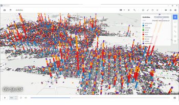 Eine 3D-Kartenvisualisierung von OpenPaths zeigt verschiedene Aktivitäten, die durch hohe, mehrfarbige Balken in einer Stadtlandschaft dargestellt werden. Eine Legende auf der rechten Seite listet Kategorien wie Nachhauseweg, Universität und Arbeit auf.