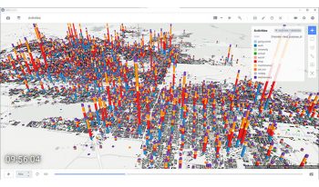 Wizualizacja mapy 3D w OpenPaths wyświetla różne aktywności reprezentowane przez wysokie, wielokolorowe słupki w krajobrazie miasta. Legenda po prawej stronie zawiera listę kategorii, takich jak powrót do domu, uniwersytet i praca.