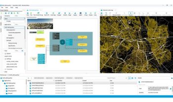 Captura de pantalla de una interfaz de software que muestra un mapa de OpenPaths, un diagrama de flujo y una lista de detalles de la red. El mapa representa el diseño de una ciudad y el diagrama de flujo ilustra un proceso de flujo de datos.