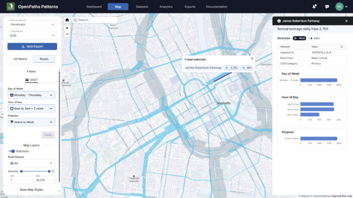 A digital map showing traffic data with highlighted routes in shades of blue. A sidebar displays filters and trip details for James Robertson Parkway with an average of 2,702 daily trips.