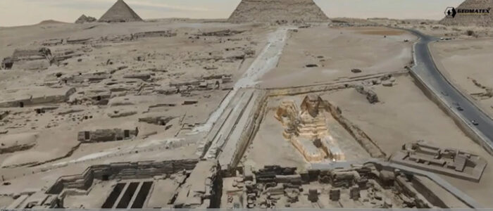 Aerial view of the Giza Plateau featuring the pyramids and Sphinx. Roads and archaeological areas weave through the desert landscape in this Partner Spotlight, with Geomatex's advanced technology assisting in preservation efforts.