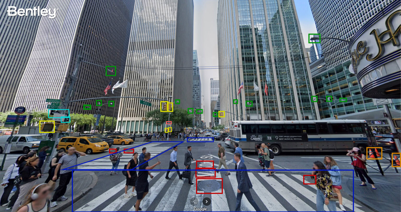 An example of how Bentley’s Blyncsy technology can be used with Google Street View imagery to detect roadway issues and assets, from potholes and crosswalk paint condition to street signs and traffic lights. (Photo: Bentley Systems)