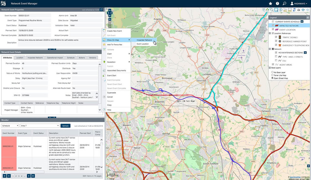 A digital map interface displaying a network event manager with various controls and menus. The map showcases several routes of the national highways, complete with annotations and an active event highlighted in purple and blue lines.