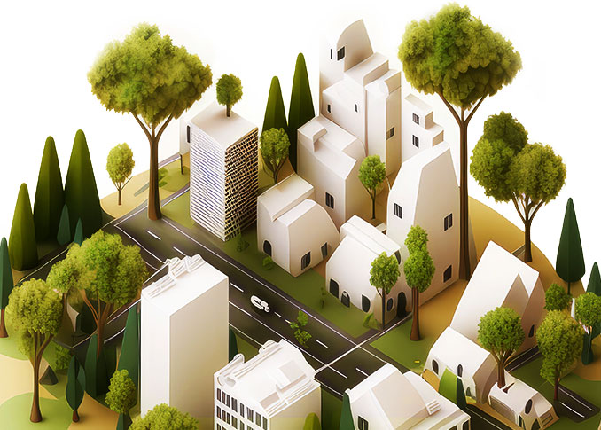 ilustração de cidade sustentável isométrica com árvores isoladas em um fundo branco